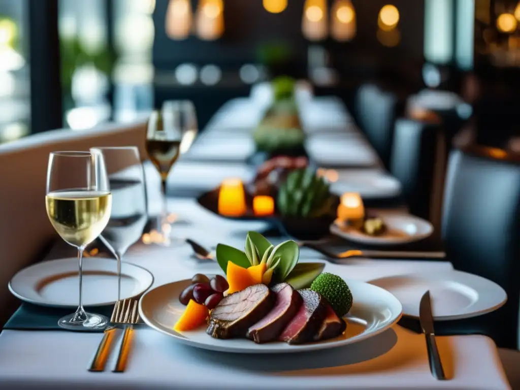 Mesa elegante en restaurante moderno Inversiones en vino y gastronomía: mesa elegante con platos gourmet, vinos exquisitos y ambiente sofisticado