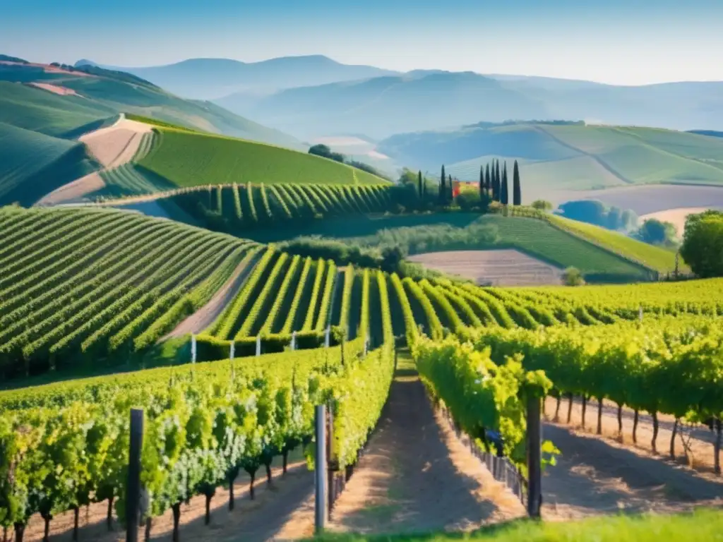 Viñedo europeo: colores vibrantes y sabores exquisitos Inversiones en vino y gastronomía: Viñedo vibrante en Europa, uvas saludables bajo el sol, tentadores sabores