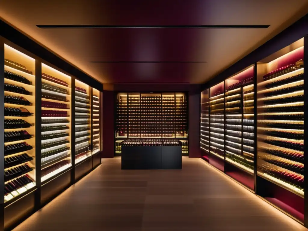 Bodega de vinos exclusiva y sofisticada Inversiones en vinos de edición limitada, bodega moderna con botellas exclusivas y elegantes etiquetas en iluminación ambiental