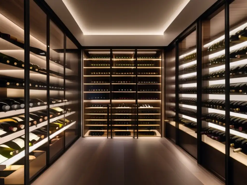 Exclusiva bodega de vinos con diseño minimalista Inversiones en vinos de edición limitada en impresionante bodega con paredes de vidrio y vistazo a los viñedos-