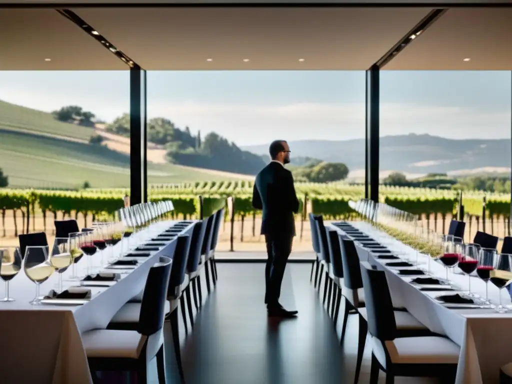 Exquisita cata de vinos en ambiente elegante Inversiones en vinos: Oportunidades y consejos - Evento de cata de vinos en una elegante sala minimalista con vistas a viñedos