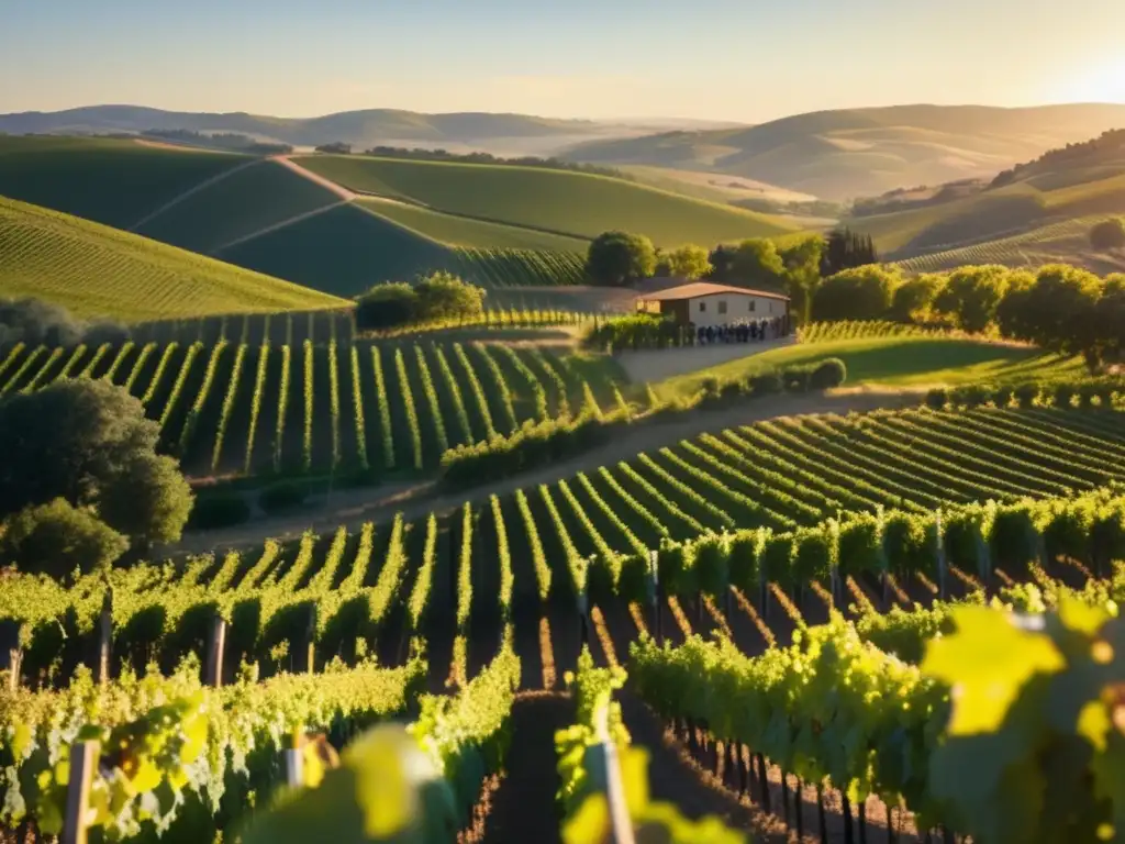 Viñedo moderno en colinas con cuidadores y uvas Inversiones en vinos de regiones emergentes: paisaje de viñedo moderno en 8k, con colinas y viñedos verdes, viticultores inspeccionando las uvas