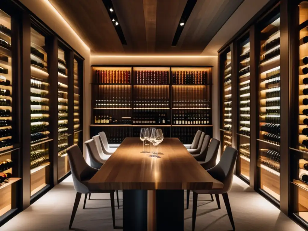 Bodega de vinos moderna con barriles de madera y mesa de cata Inversiones en vinos de regiones emergentes: bodega moderna con barriles de madera, cristaleras y mesa de cata con copas y botellas