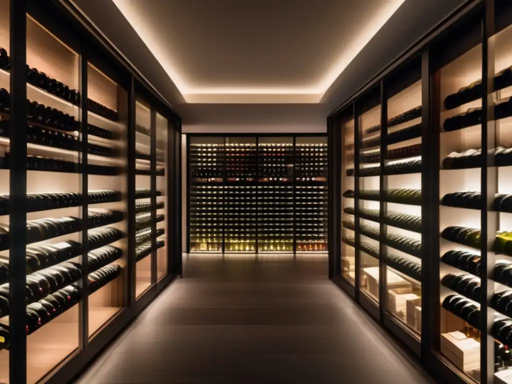 Elegante bodega de vinos con diseño minimalista y botellas organizadas Inversiones en vinos de regiones emergentes: Elegante bodega de vinos en vidrio, iluminada por luz natural, con botellas meticulosamente organizadas