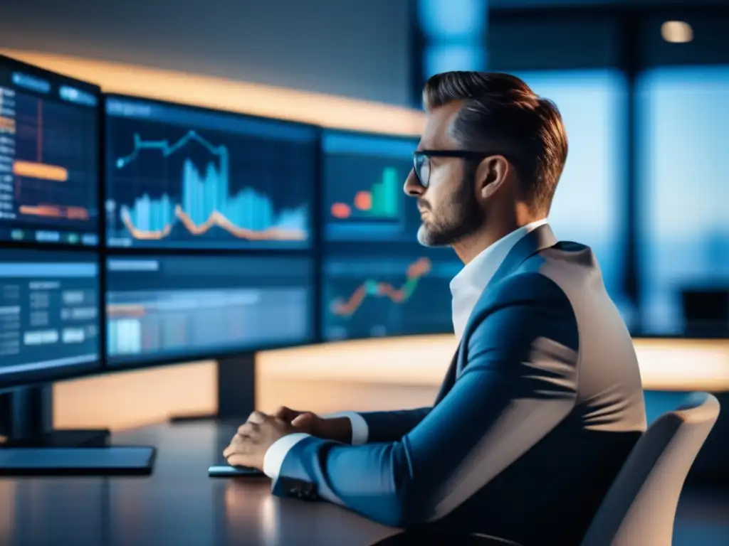 Inversionista enfocado en oficina moderna Inversionista calmado analizando datos financieros en oficina moderna - Psicología inversionista derivados calmados