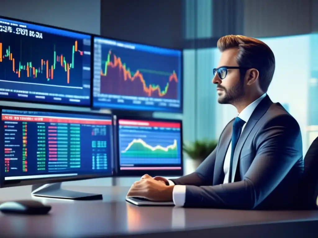 Inversionista inteligente en escritorio moderno Inversionista confiado en escritorio moderno con datos financieros en tiempo real