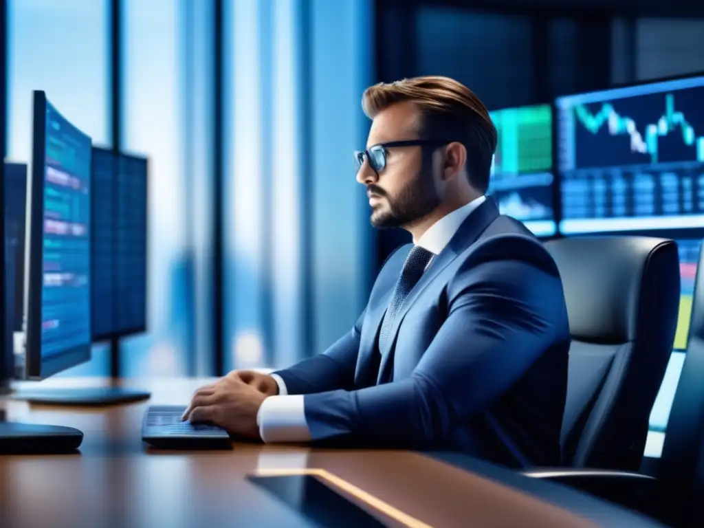 Inversor analizando datos en oficina lujosa Inversionista analiza datos en lujosa oficina de trading - Estrategias fiscales para trading de opciones