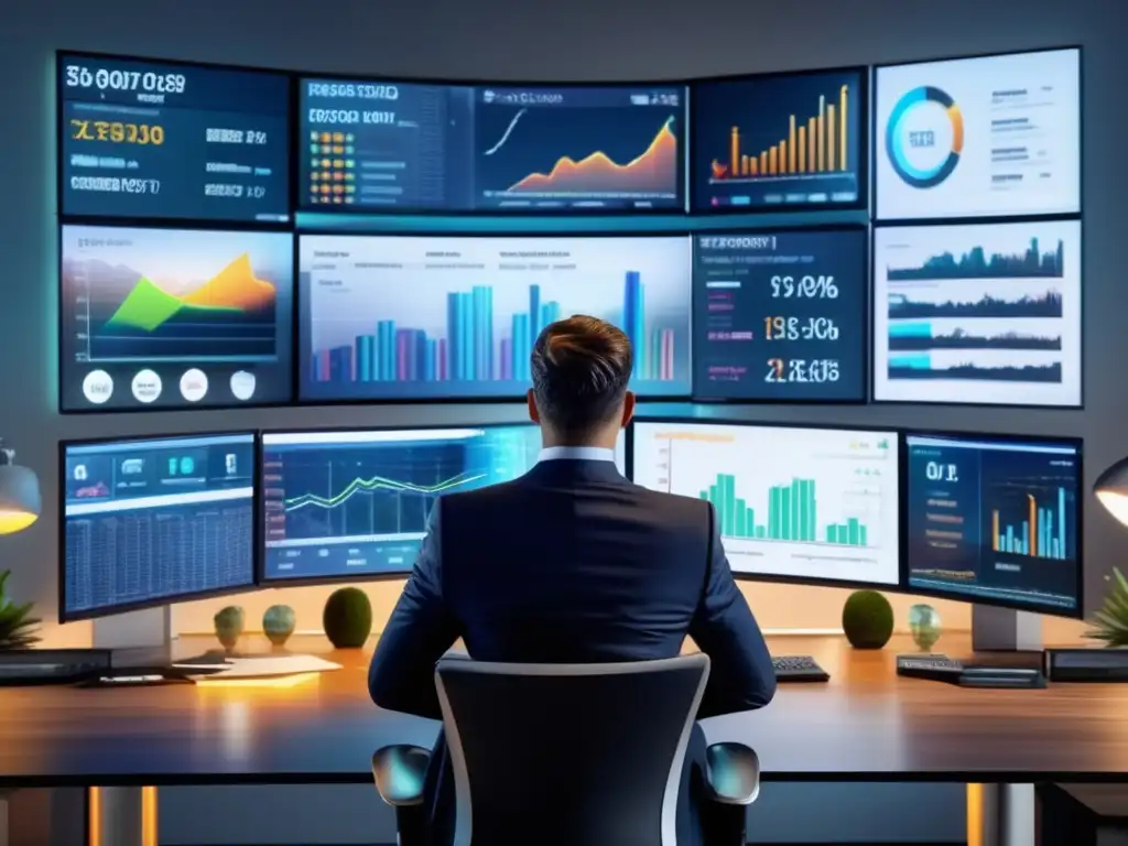 Inversor inmobiliario en oficina elegante Inversionista inmobiliario en oficina moderna con múltiples pantallas mostrando datos financieros - Consejos para invertir en propiedades