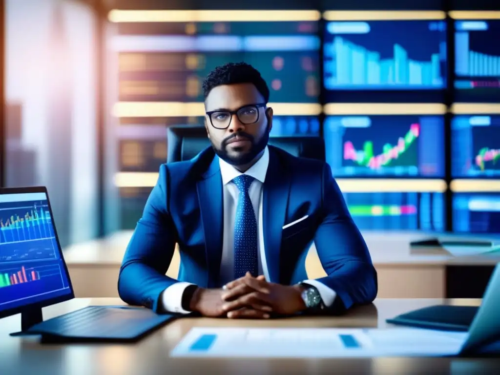 Inversor seguro en oficina moderna Inversionista seguro en oficina moderna rodeado de datos y pantallas - Miedo a diversificar la cartera
