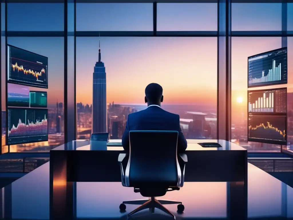 Hombre de negocios en moderno escritorio de trading Inversionista reflexionando en oficina de trading con vista a la ciudad al atardecer - Mito hacerse rico rápidamente bolsa
