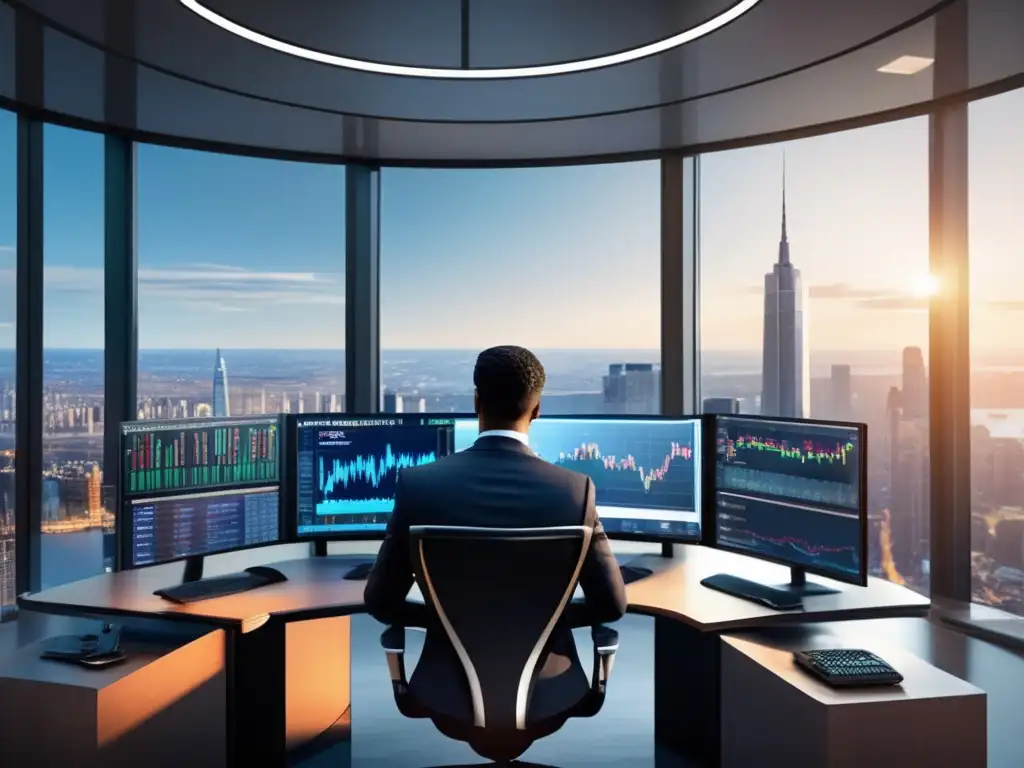 Inversionista experto en un moderno escritorio de trading Inversionista sofisticado en escritorio de trading moderno con pantallas mostrando gráficos y datos