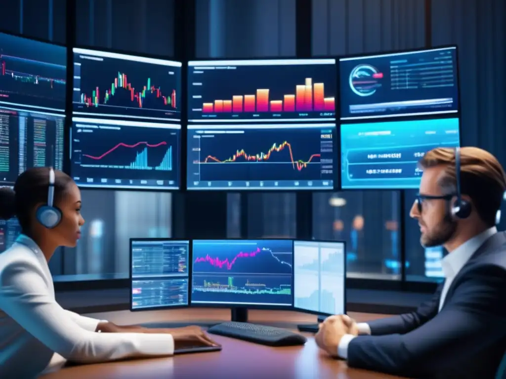 Grupo diverso de inversores analizando datos de mercado Inversionistas expertos analizando opciones binarias con elegancia y confianza