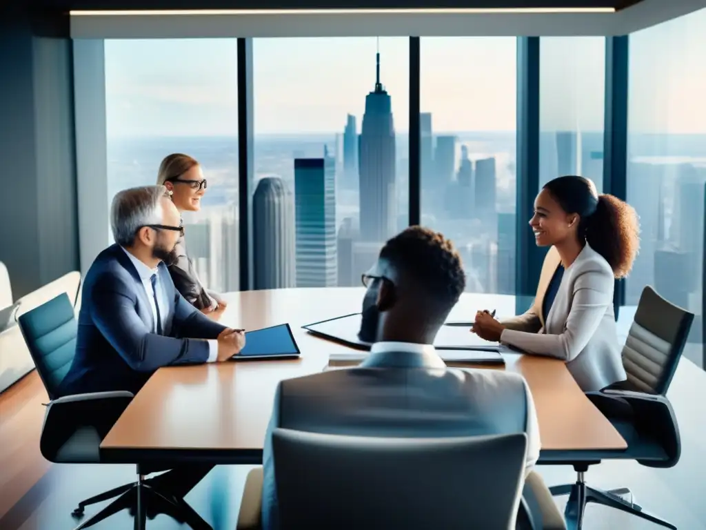 Sala de reuniones de inversores profesionales Inversionistas profesionales discutiendo en una sala moderna con vista panorámica de la ciudad