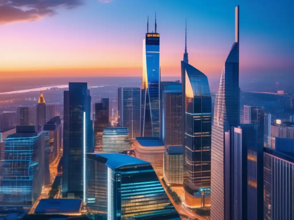 Ciudad moderna y vibrante al atardecer Guía inversor participaciones accionariales startups: Ciudad vibrante con rascacielos, innovación y profesionales discutiendo estrategias