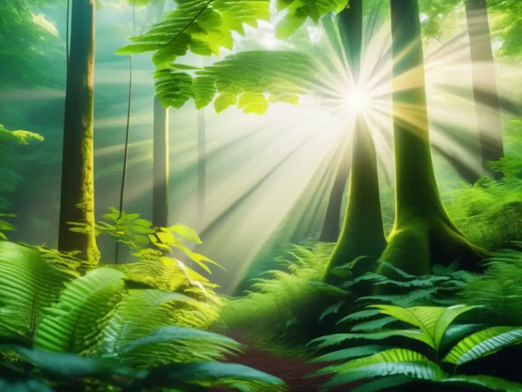 Bosque verde exuberante con rayo de sol Inversor bonos verdes perfil: Bosque exuberante con árboles altos, follaje vibrante y rayos de sol filtrándose a través del denso dosel