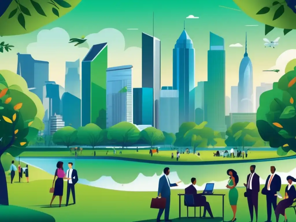 Ciudad sostenible con profesionales comprometidos Inversor bonos verdes perfil: ciudad moderna con rascacielos, bancos, profesionales comprometidos, progreso y sostenibilidad