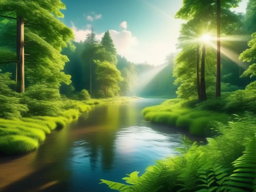 Bosque exuberante: belleza y sustentabilidad Inversor bonos verdes perfil: Bosque verde exuberante con río cristalino