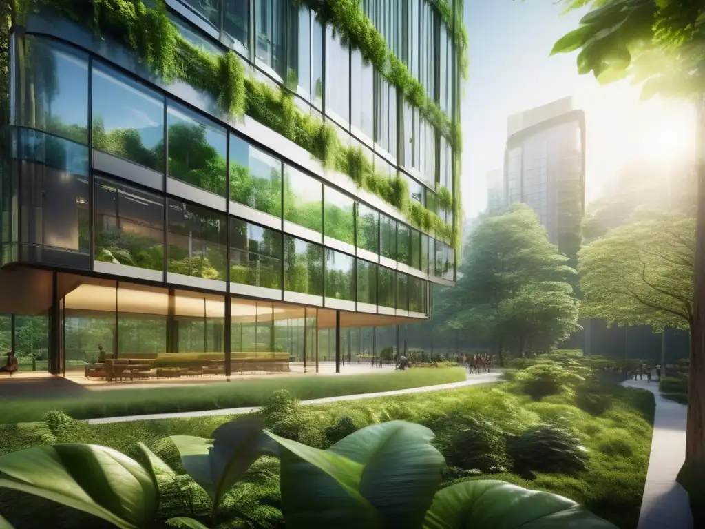 Bosque verde exuberante con edificio moderno sostenible Inversor bonos verdes perfil: Bosque verde exuberante con edificio moderno y transparente