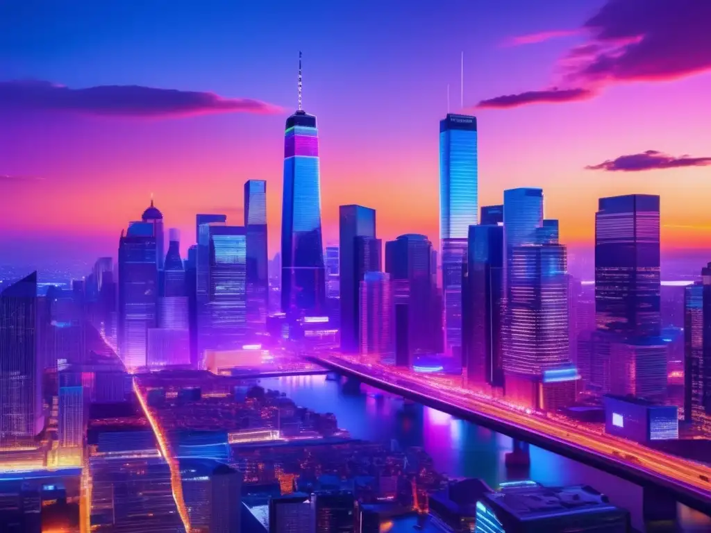 Ciudad moderna al atardecer con inversores angelicales Guía inversor ángel startups financiamiento - Ciudad futurista, rascacielos iluminados por luces neón, profesionales en discusión con tecnología y gráficos financieros
