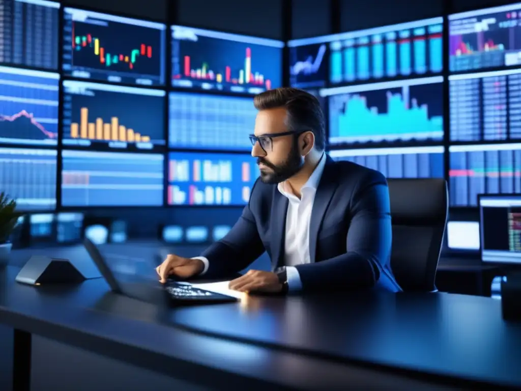 Inversionista analizando gráficos financieros Inversor analiza datos financieros en escritorio moderno con RSI y estrategias de inversión