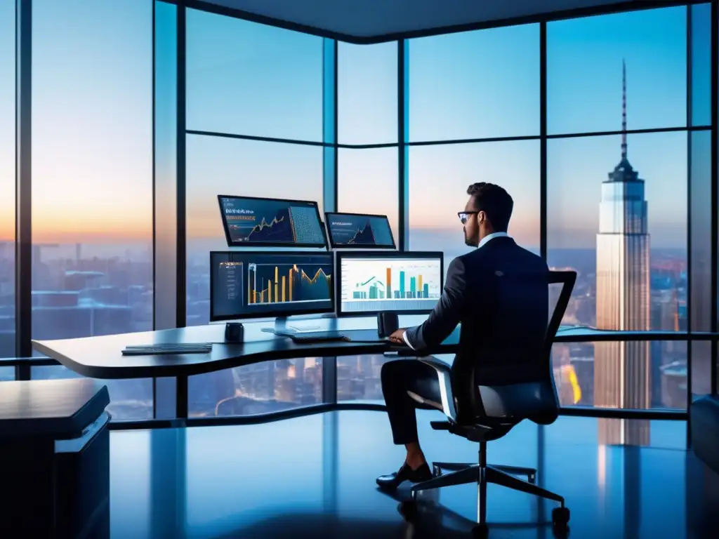 Oficina moderna con inversor analizando datos financieros Inversor exitoso utiliza análisis técnico y gestión de riesgo en finanzas