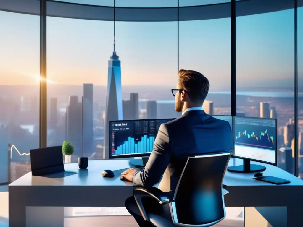 Inversionista exitoso en oficina moderna Inversor exitoso analizando datos en oficina moderna con vista a la ciudad