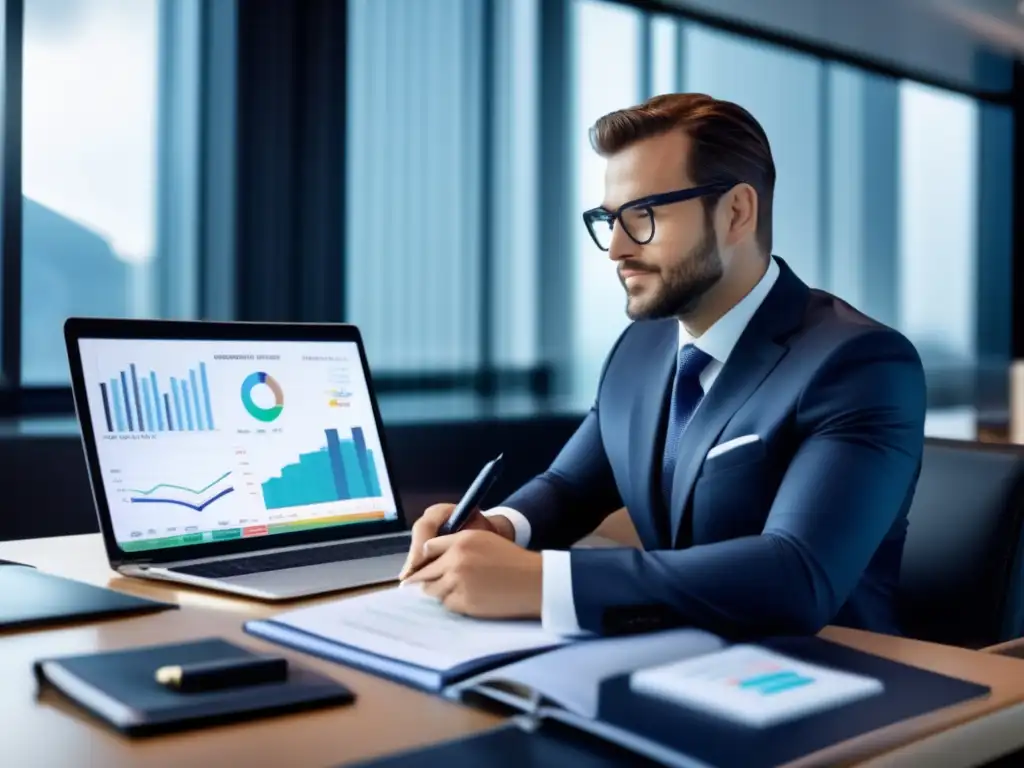 Exitoso inversor muestra gratitud y confianza Inversor exitoso y gratitud: oficina lujosa, gráficos financieros, diario de gratitud, psicología