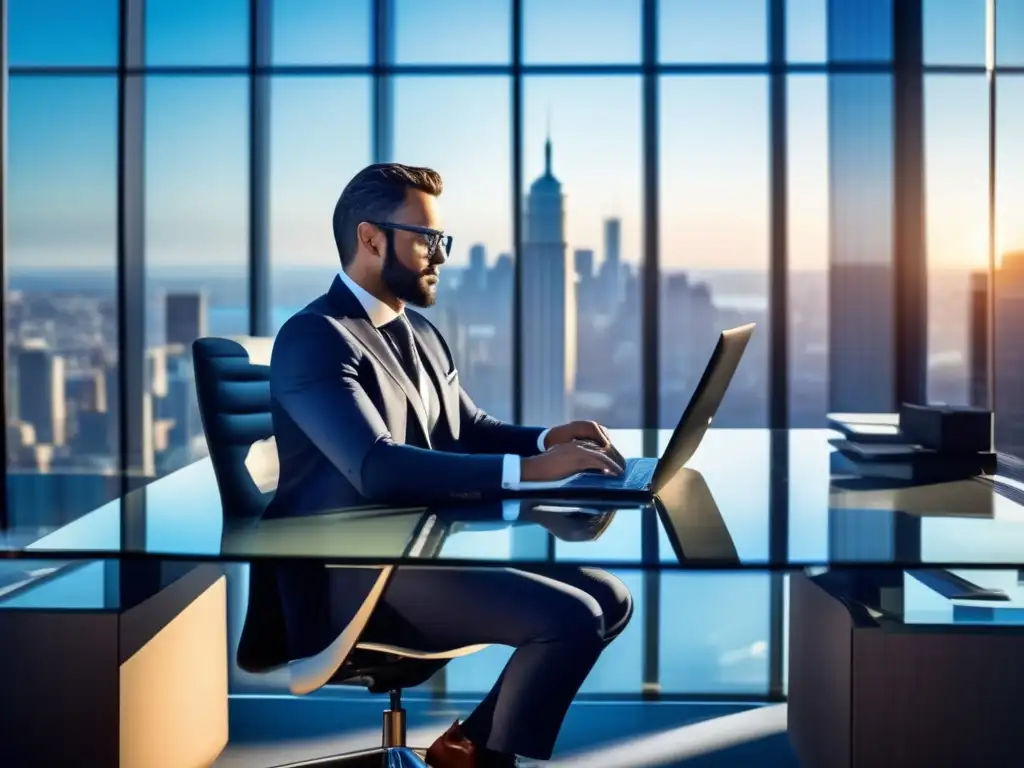 Inversionista exitoso en oficina moderna Inversor exitoso y gratitud en oficina moderna con vista panorámica