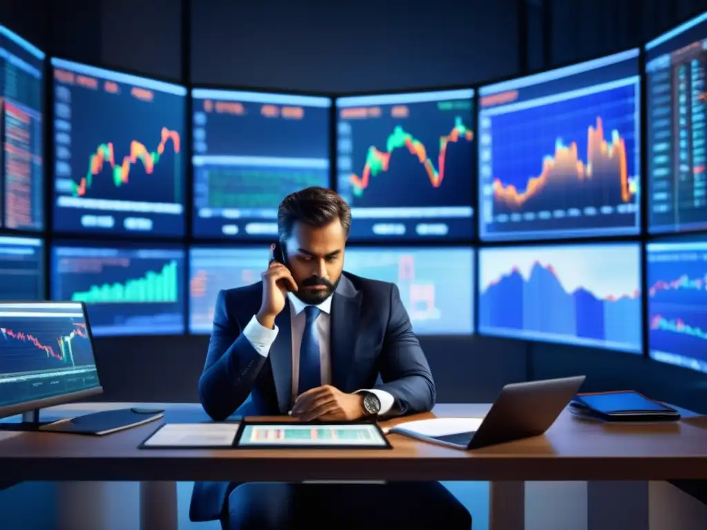 Experto inversor en oficina lujosa Inversor analizando gráficos financieros con estrategias de gestión de riesgos
