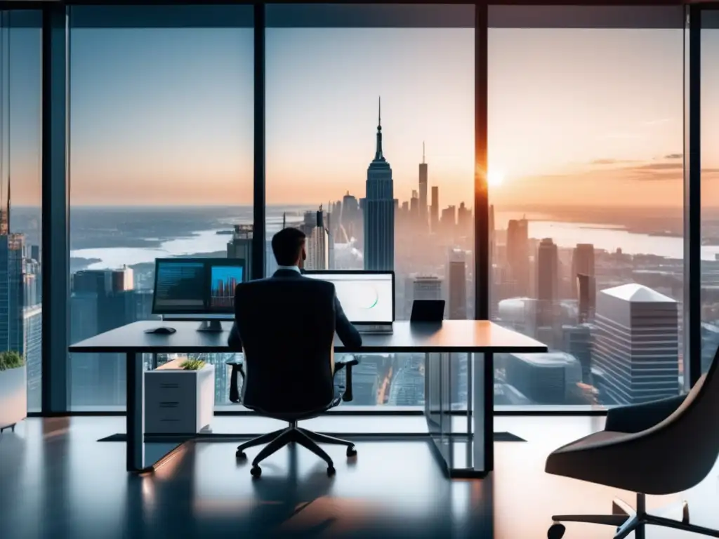 Oficina moderna con vista panorámica alucinante Inversor analizando gráficos financieros en oficina moderna
