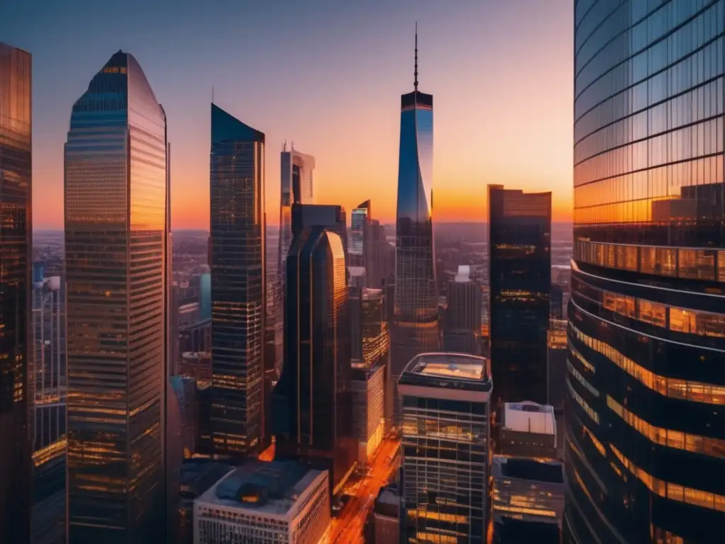 Ciudad financiera al atardecer con inversionista Psicología inversor largo plazo: ciudad atardecer, rascacielos modernos, actividad financiera y confianza