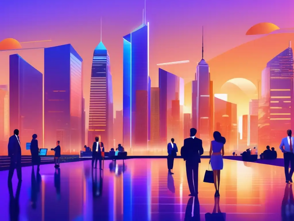 Ciudad moderna al atardecer con empresarios discutiendo Guía inversor ángel startups financiamiento: Ciudad moderna al atardecer con rascacielos reflejando el sol dorado