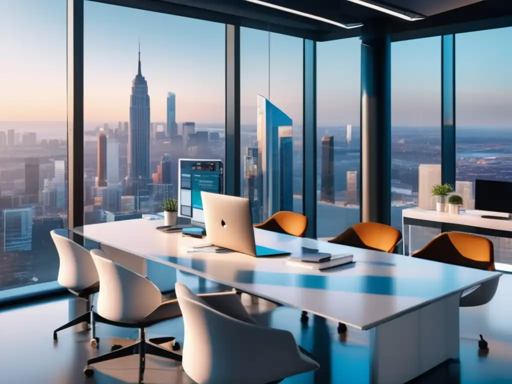 Exclusiva oficina con vista panorámica de ciudad Guía inversor ángel: oficina moderna, ciudad vibrante, empresarios entusiasmados, futuro de startups