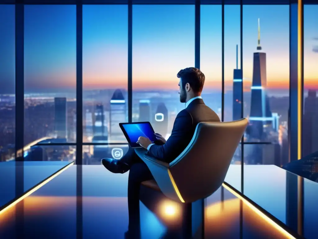 Inversionista moderno analizando redes sociales y datos bursátiles Inversor moderno en oficina con vista a la ciudad, influencia de redes sociales en decisiones de inversión