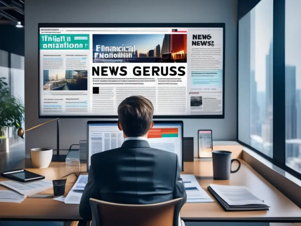 Persona leyendo noticias financieras en oficina moderna Un inversor se enfrenta a noticias sensacionalistas mientras mantiene la racionalidad en inversiones