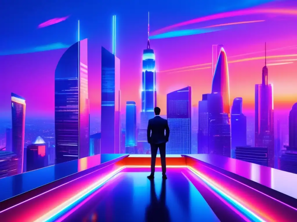 Ciudad futurista con rascacielos y luces de neón Un inversor profesional en una ciudad futurista, con edificios altos y anuncios digitales, muestra oportunidades de inversión y rentabilidad máxima
