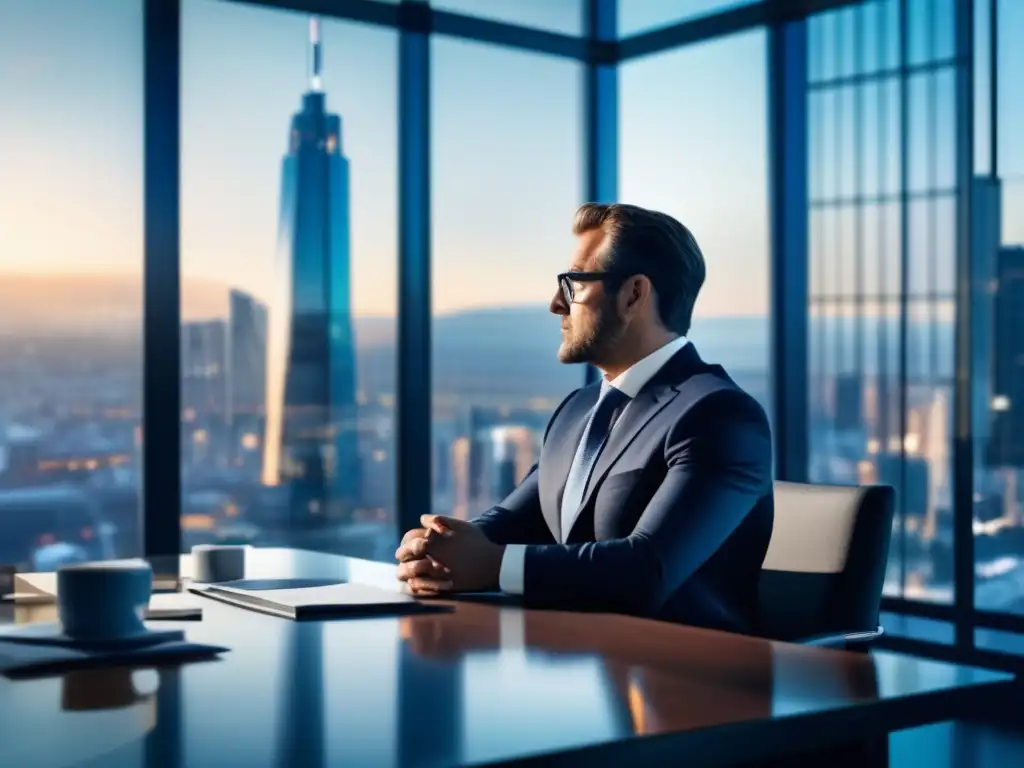 Inversionista reflexivo en moderna oficina Inversor profesional inmerso en psicología de mercado