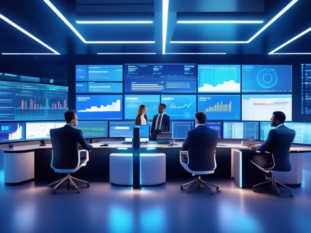 Futuro trading floor con inversores analizando datos Inversores analizando datos y detectando oportunidades ocultas en materias primas
