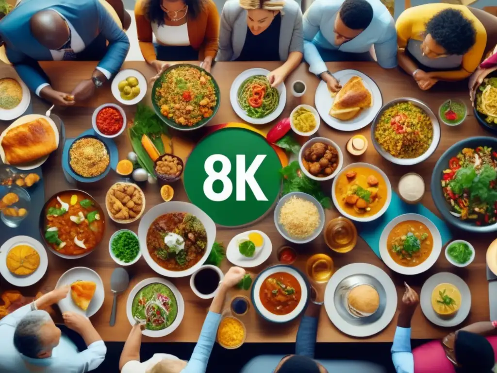 Mesa multicultural de inversión con platos diversos y símbolos financieros Inversores discutiendo decisiones de inversión y saboreando platos culturales, resaltando la influencia de la cultura alimentaria en inversiones