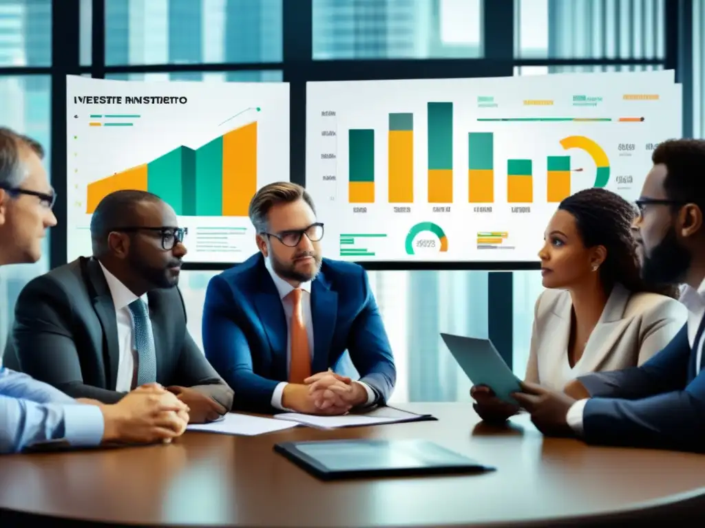 Grupo diverso de inversores analizando datos Inversores diversificados analizan datos y aprenden de errores pasados en una sala moderna con tecnología avanzada