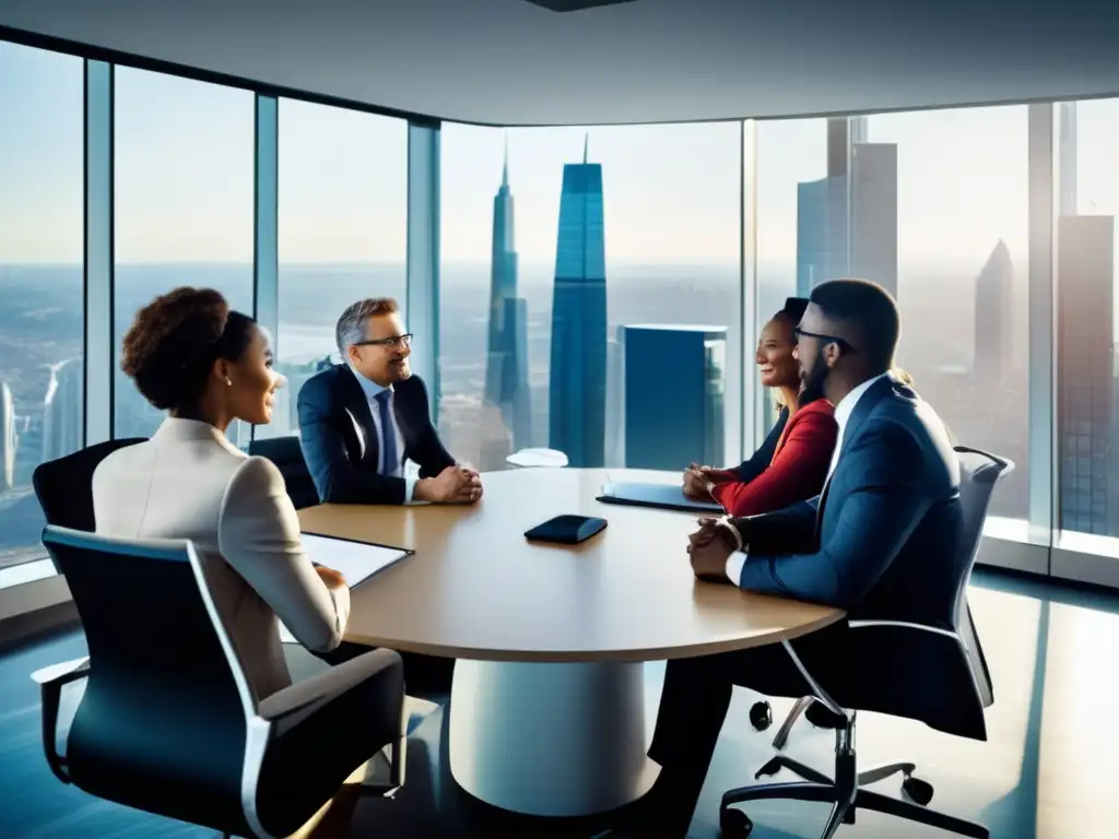 Inversionistas exitosos discutiendo en una oficina moderna Inversores exitosos discutiendo en una oficina moderna con vista a la ciudad, resaltando la mentalidad del inversor exitoso