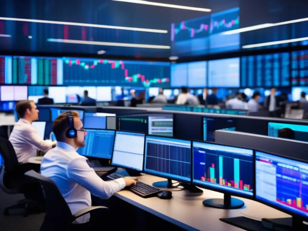 Trading floor moderno, actividad frenética y análisis profundo Inversores analizan mercado volátil en moderna sala de operaciones