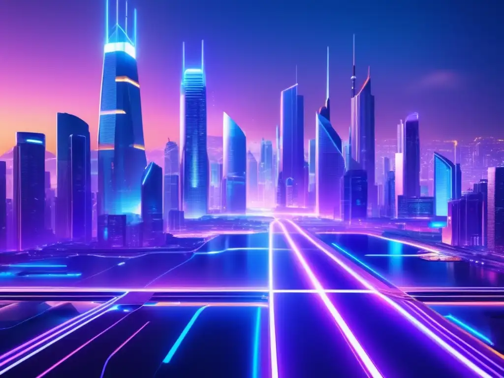 Futurística ciudad digital con inversores novatos Guía ciberseguridad inversores novatos: Ciudad futurista, rascacielos, hologramas, gráficos, empoderamiento