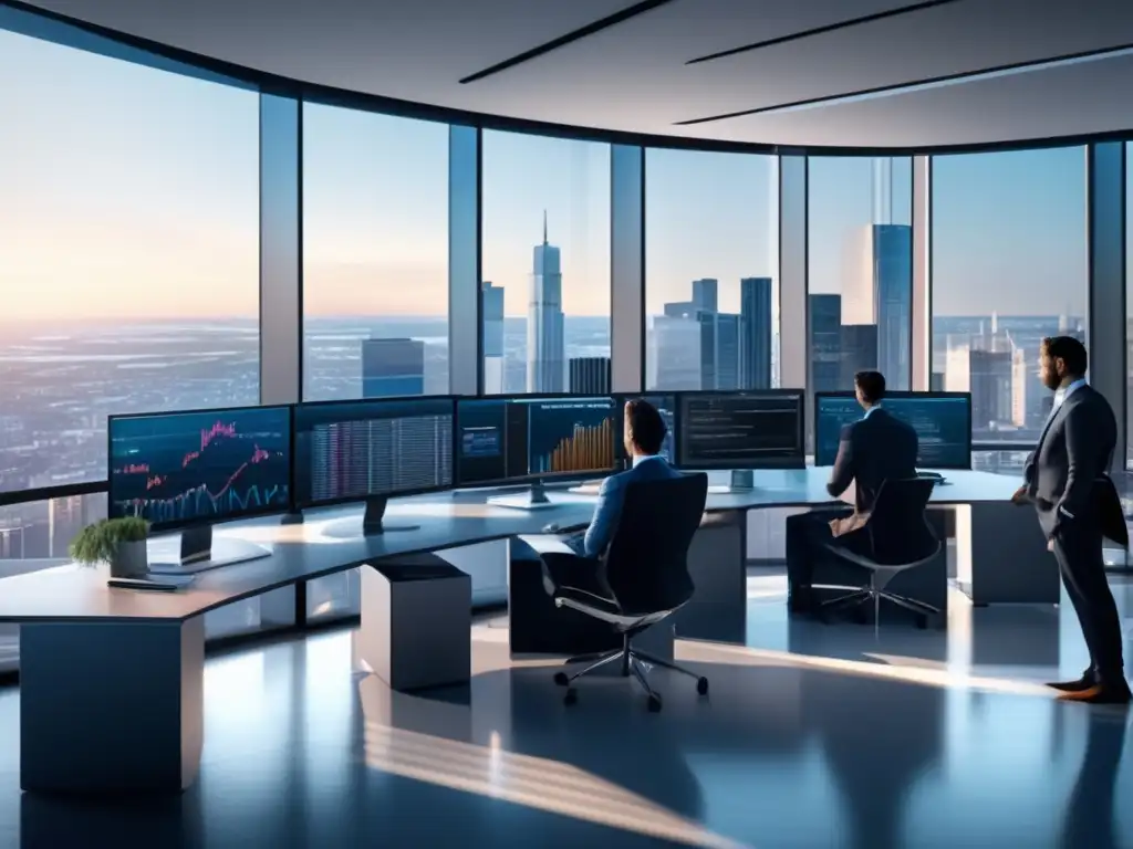 Oficina moderna con profesionales analizando gráficos financieros Roboadvisors para inversores ocupados en una oficina moderna y sofisticada