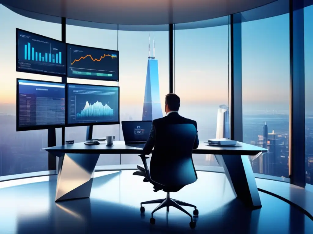 Oficina moderna con vista panorámica y tecnología avanzada Roboadvisors para inversores ocupados en oficina moderna