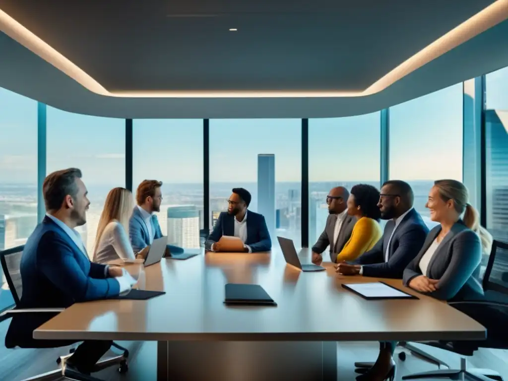 Inversionistas en boardroom moderno y luminoso Inversores en reunión exitosa - Consejos campaña crowdfunding, perspectiva inversor