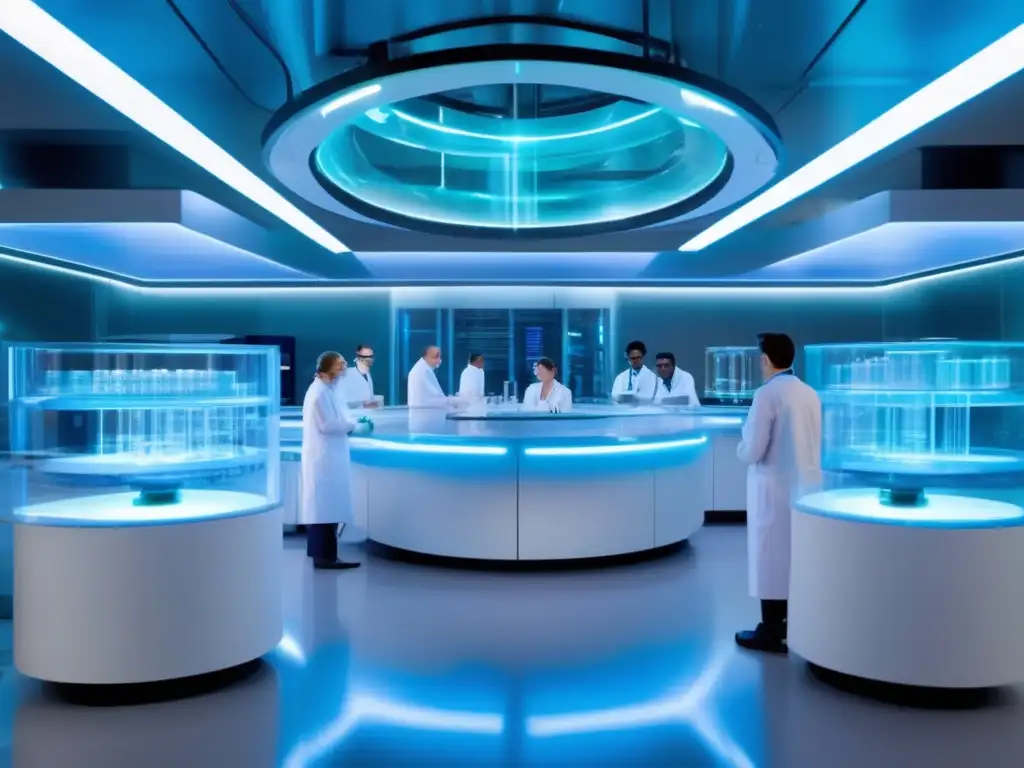 Laboratorio futurista con científicos en torno a un bioreactor transparente Investigadores en laboratorio futurista con tecnología avanzada y bioreactor transparente