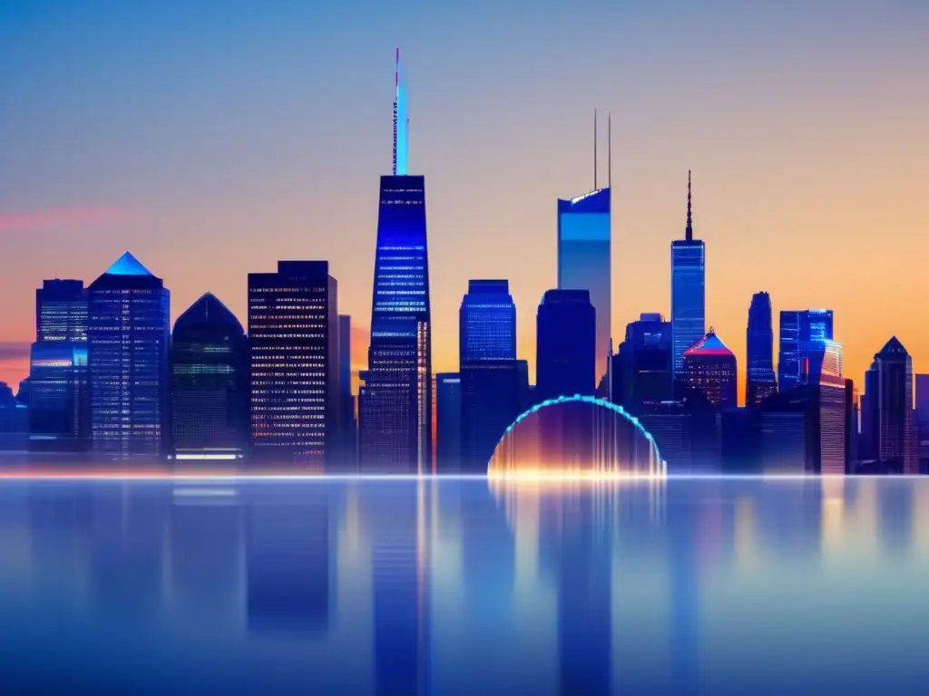 Ciudad moderna con gráfico del DJIA Dow Jones: Importancia como predictor económico