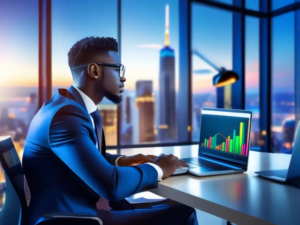Joven inversor analizando gráficos y datos Joven inversor analizando gráficos en laptop: Ventajas de invertir en ETFs para principiantes