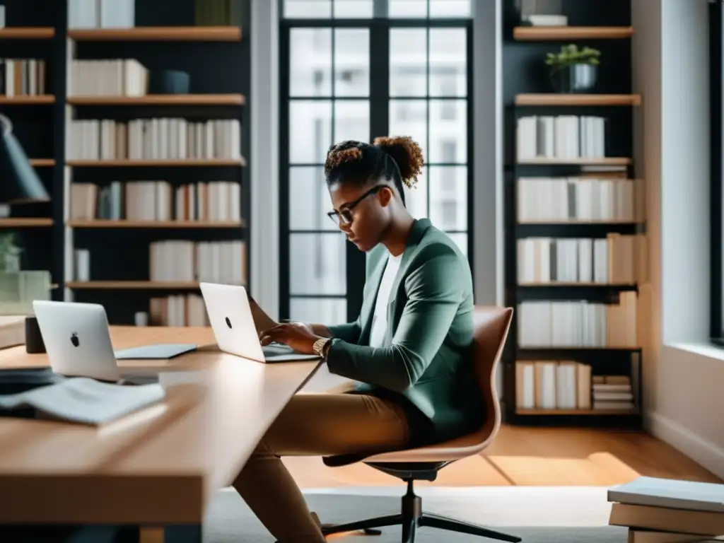 Joven millennial en oficina moderna y tranquila Joven millennial en escritorio moderno, leyendo informe financiero